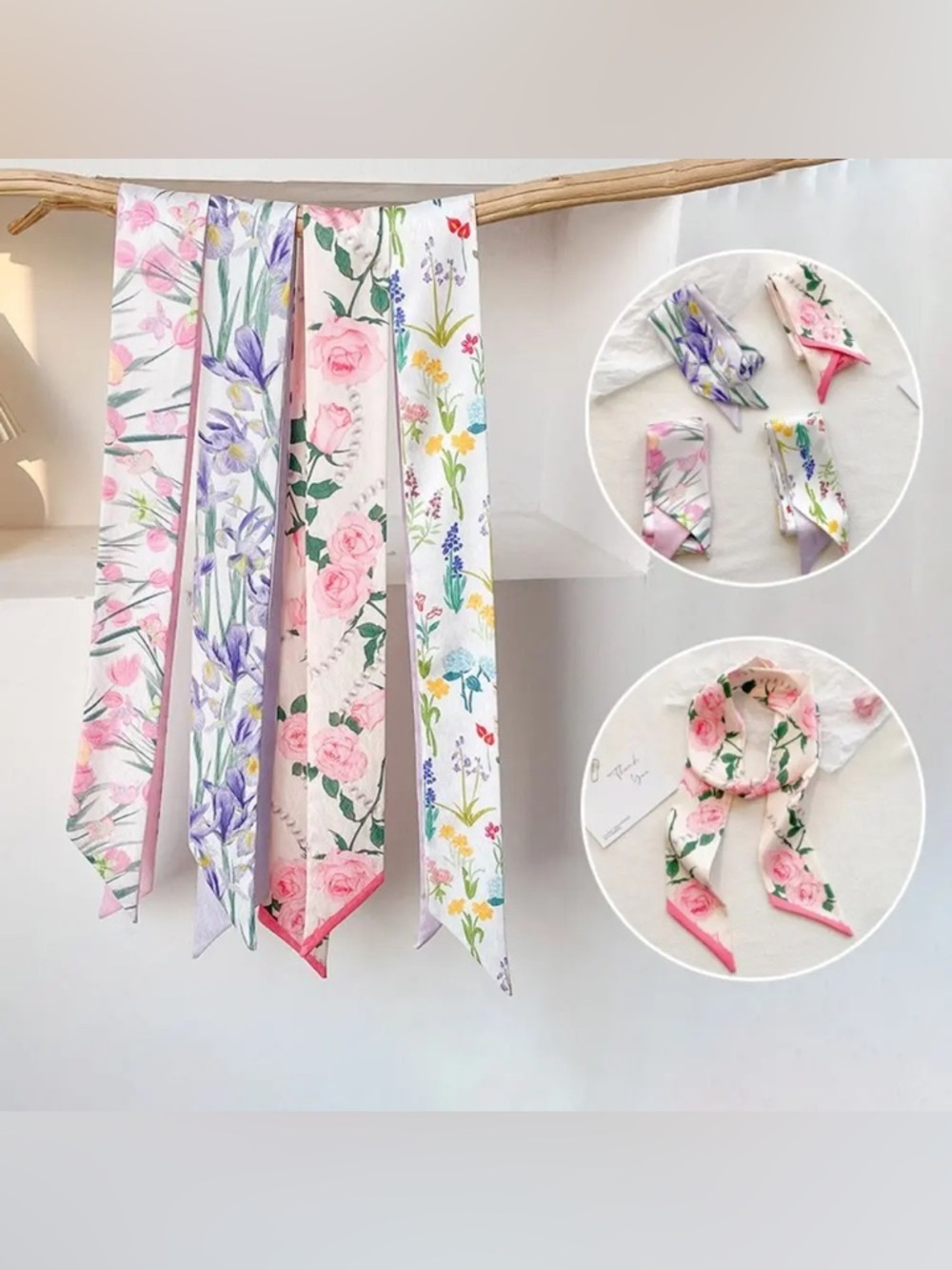 Set of 4 Garden Twilly Scarves Romantic Floral Skinny Scarf Cottagecore NWT